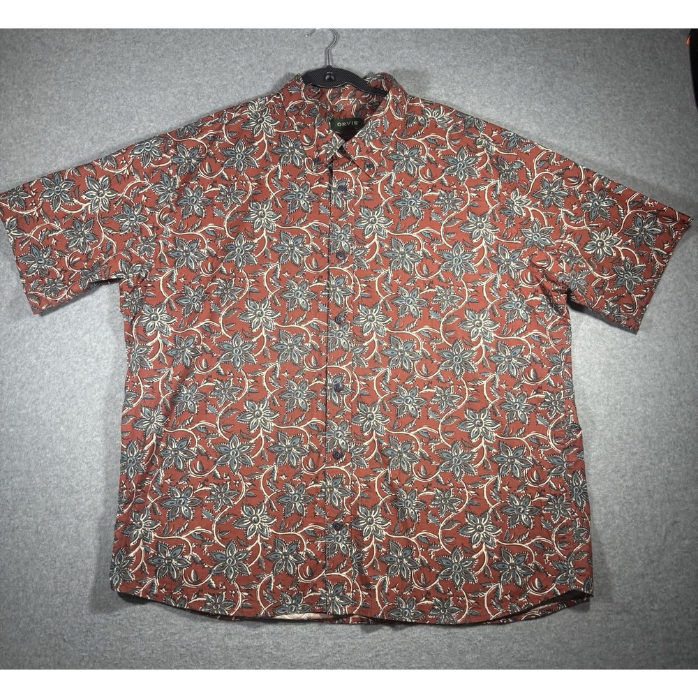 Orvis Active Fit Red Brown Floral Short Sleeve Button Up Shirt Men's XXL